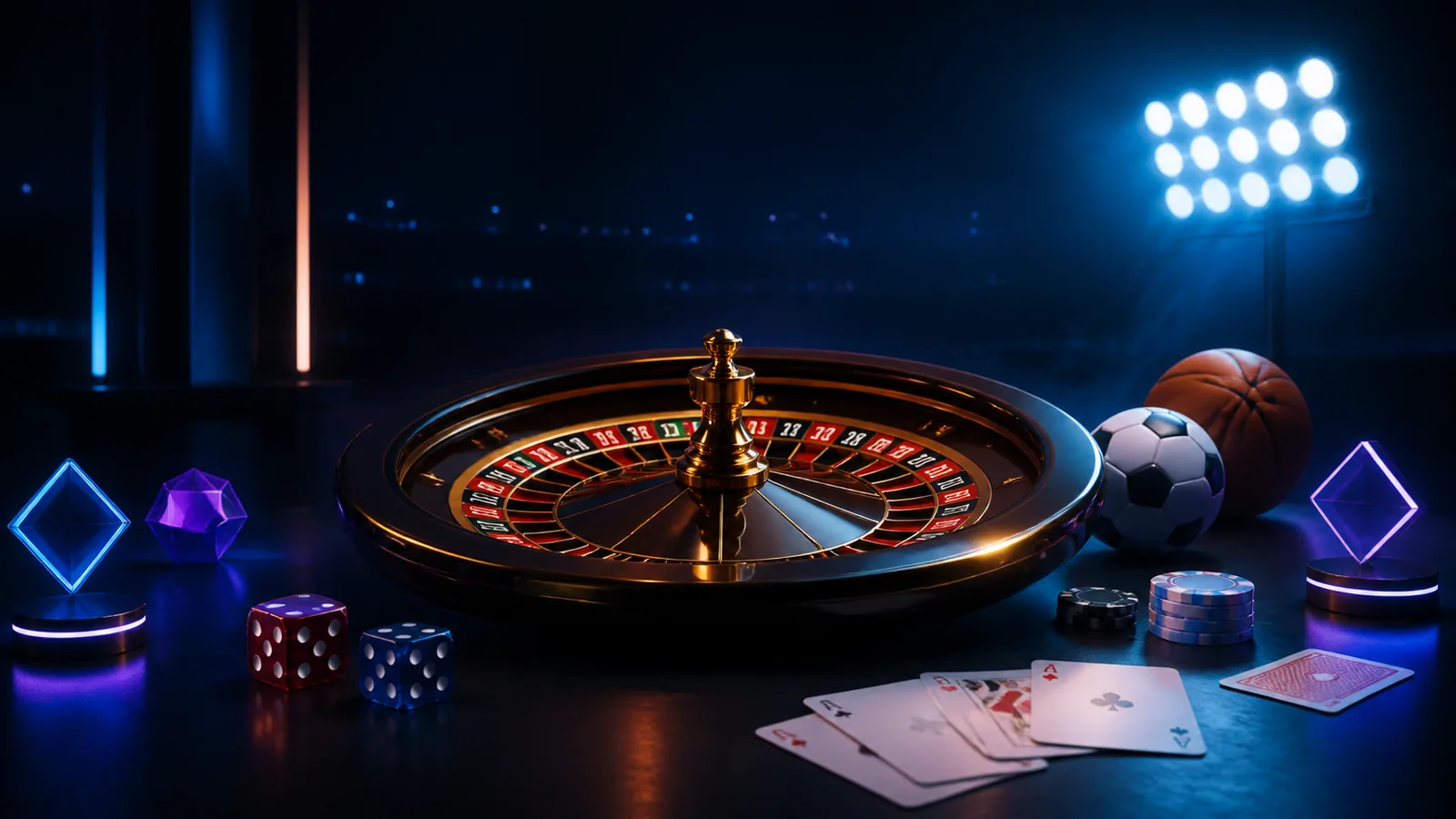 Ambiente editorial de cassino online com roleta, cartas e painel esportivo